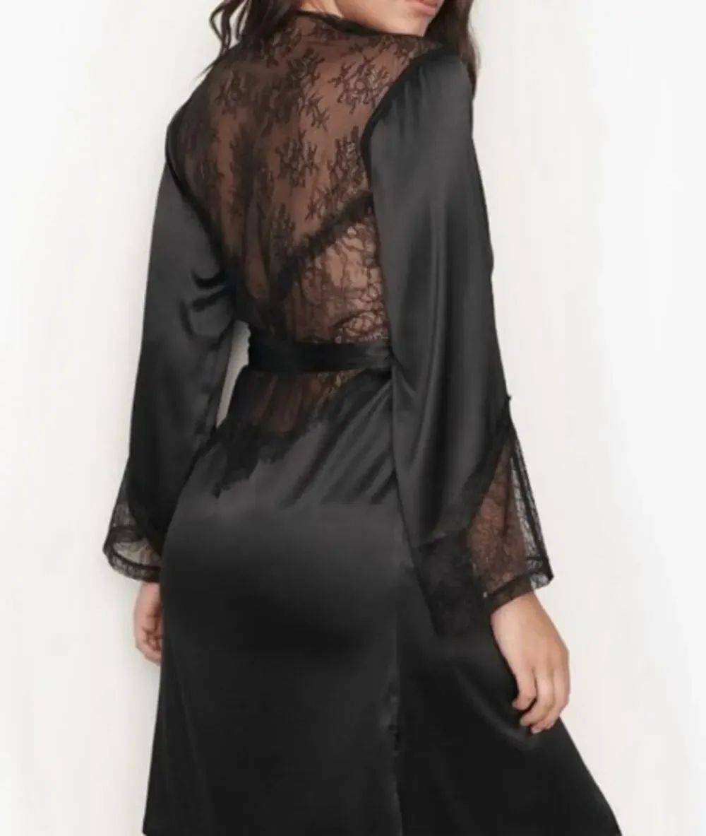 NWT Victoria's Secret Black Satin Robe with Lace Back Sz. M/L